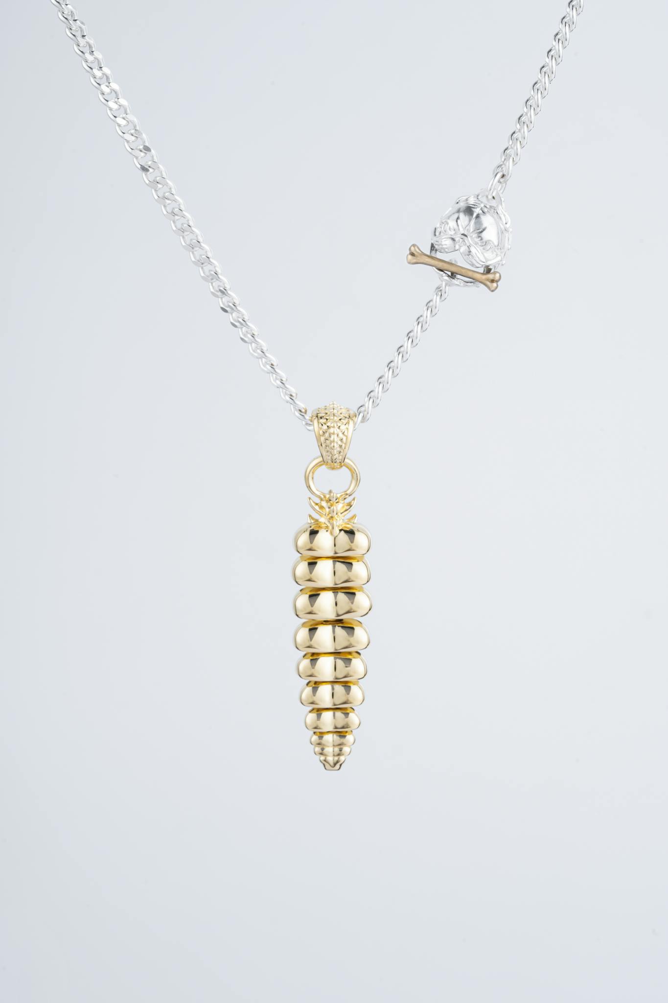 Stylish silver necklace with a unique gold pendant, perfect for fashion photography and jewelry showcases.